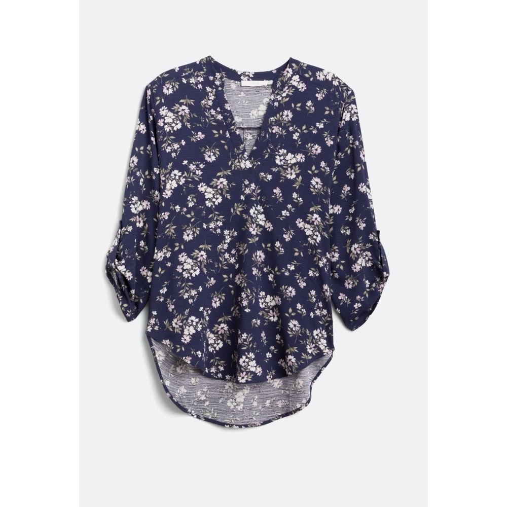 Warren Split Neck Blouse • Size Large • Floral • ¾ Roll-Tab Sleeve